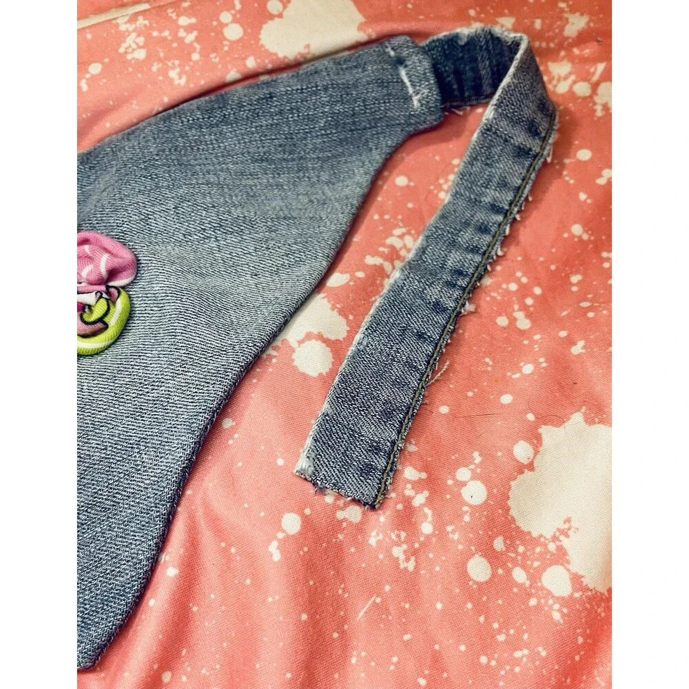 Pet Bandana Distressed Blue Jean Scarf with Lime & Pink Ribbon Flower Accent SzS